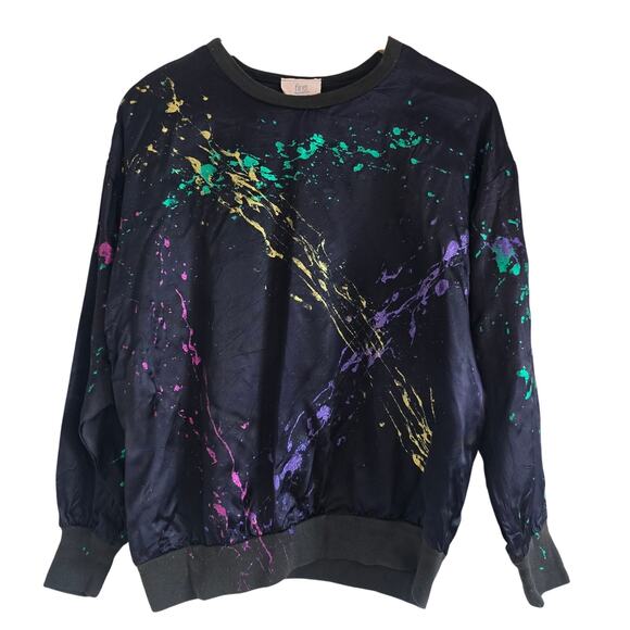 Vintage Womens Paint Splatter Black Satin Sweatshirt Size L made in USA - Picture 1 of 8